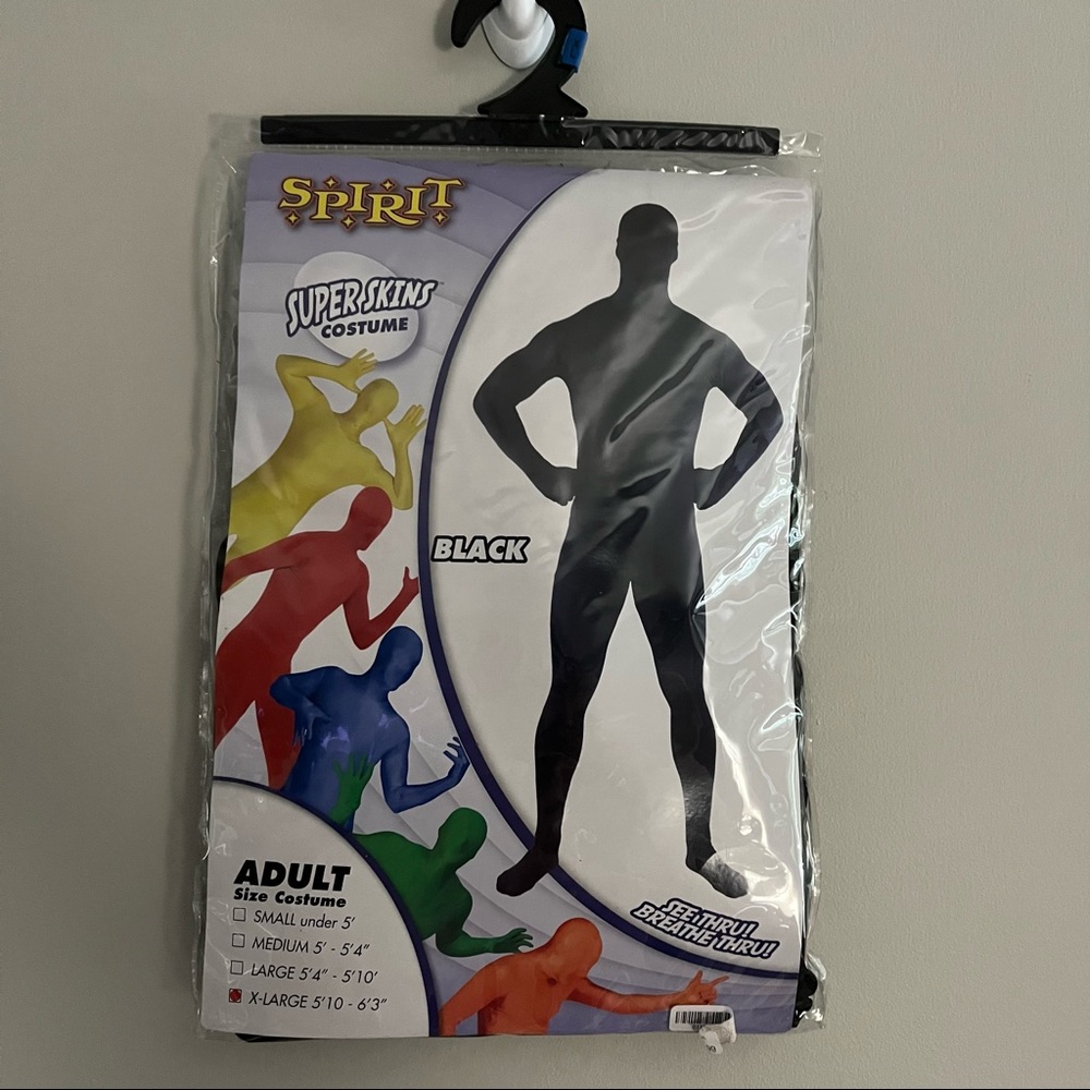 New! NWT Super Skins Bodysuit Costume Spirit Halloween XL, Black, See Thru Mask